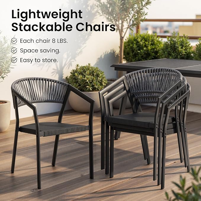 Patio Dining Chairs Set of 2 Aluminum Stackable Outdoor Chairs | Wicker Barrel Backrest Armchairs for Patio, Deck, Backyard, Grey