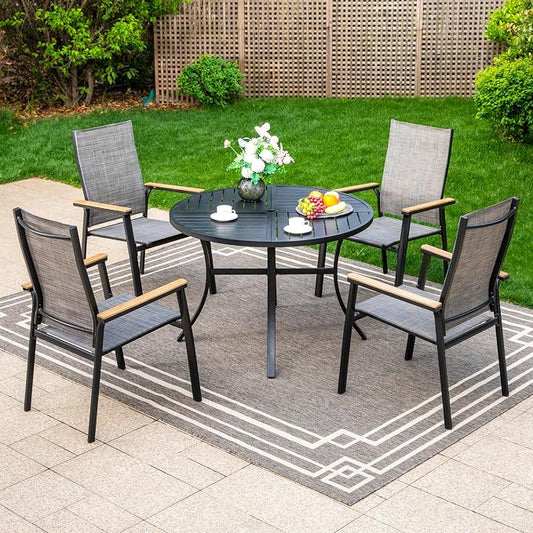 MFSTUDIO 5 PCS Outdoor Dining Set, Round Table & Aluminum Chairs, Grey | Stackbale textilene chairs, Light-weight & space-saving, Square Table, Umbrella Hole, Patio deck, 4 person