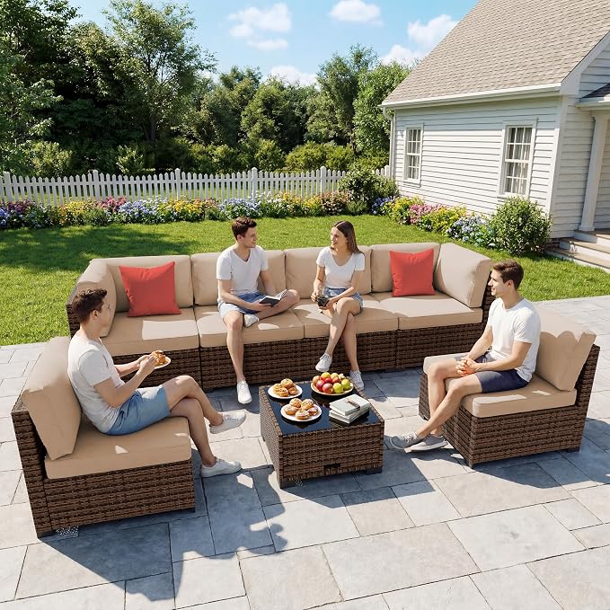 LHBcraft 7 Pieces Outdoor Furniture Set, Wicker Furniture Patio Conversation Sets with Tea Table and Thickened Beige Cushions, Outdoor Patio Sectional Sofa for Garden, Poolside, Backyard