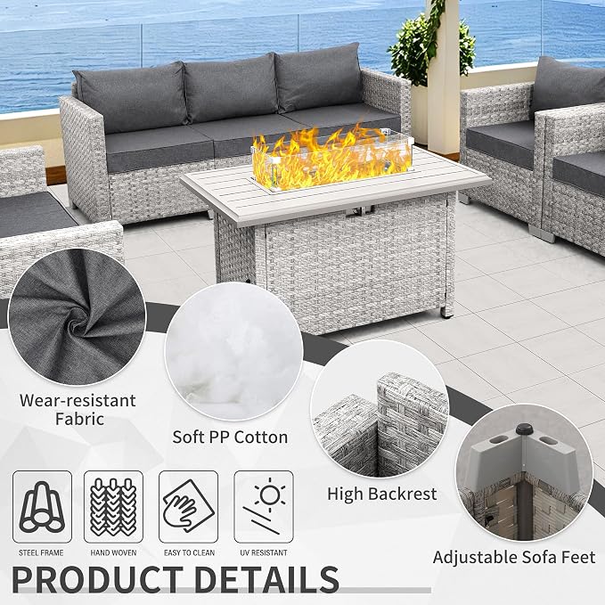 WAROOM Patio Furniture Set 5 Piece Outdoor Furniture with Fire Pit Table, Grey Wicker Sectional Sofa Couch Sets Backyard Deep Seating PE Rattan Chairs with Grey Cushion
