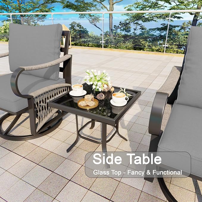 3 Pieces Outdoor Furniture Set, Metal 360° Swivel Rocking Chairs Bistro Sets, Patio Conversation Set with Side Table for Deck, Porch, Garden, Backyard, Poolside (Gray Cushions)