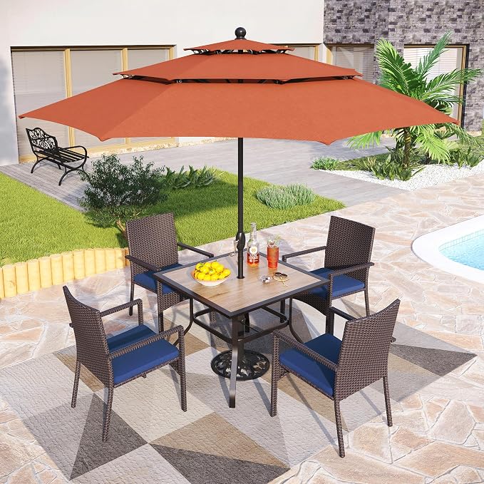 PHI VILLA 5pc Patio Dining Set with Umbrella, Square Table, Rattan Chairs | Includes 37" square metal table, 4 cushioned rattan chairs, and 10ft red umbrella. Perfect for patio, deck, yard, or porch