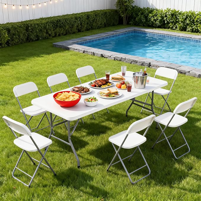 BestOffice 6 FT Picnic Table, Portable Plastic Folding Table with Carrying Handle Perfect for Picnics, Parties, Party and Camping, White
