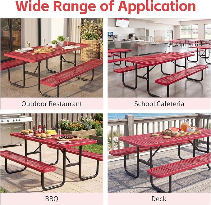 72" Outdoor Rectangular Picnic Table with Umbrella Hole, Heavy Duty Commercial Grade Steel Camping Table for Backyard Patio Deck, Weather-Resistant Red Metal Mesh