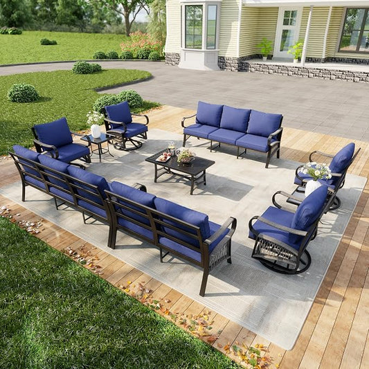 10-Piece Modern Patio Furniture Set, All Weather Metal Outdoor Conversation Sets with 5.1" Extra Thick Cushion for Backyard Garden Deck Porch Poolside, Blue