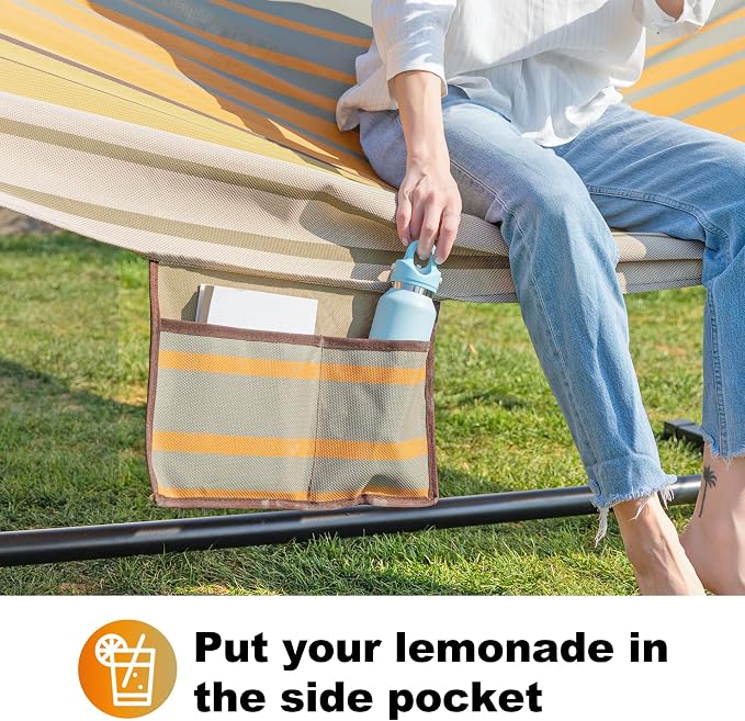 GAFETE Waterproof 2 Person Hammock with Stand for Outside Heavy Duty, 55 Inch Double Large Quick Dry Textilene Hammocks with Spreader Bar, Pillow, Pockets, for Outdoor, 475lbs Capacity (Coffee Stripe)