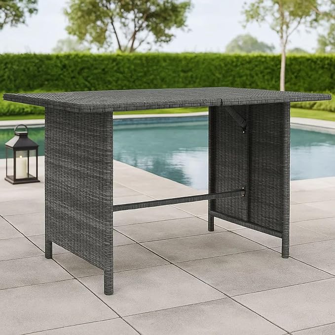 Benjara Outdoor Dining Table, 43 Inch Rectangular Top, Dark Gray Poly Rattan