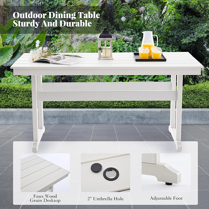 HDPE Outdoor Dining Set,6-Piece Outdoor Table and Chairs Include 4 Dining Chairs and 2 Pcs 62.5" Patio Dining Table with Umbrella Hole (White)