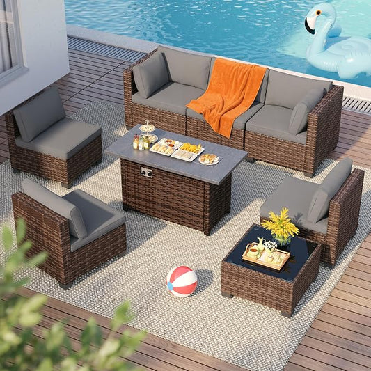Qsun 8 Pieces Outdoor Patio Furniture Set with 44.9" Fire Pit Table, All-Weather Wicker Outdoor Patio Sectional Set with Coffee Table, for Garden Backyard
