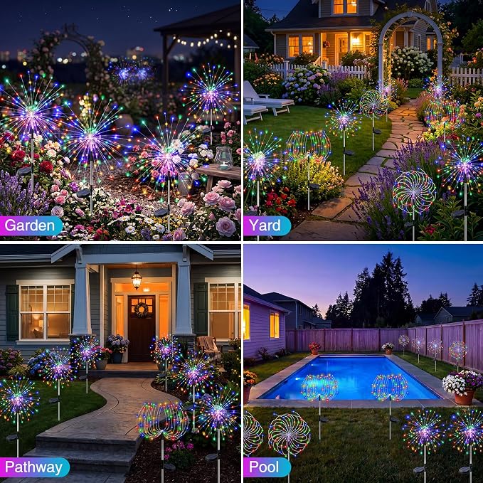 btfarm 10 Pack Solar Garden Lights Outdoor, 8 Modes Firework Lights Outside | 120LED, Waterproof Fairy Twinkle Light Solar Powered for Yard Christmas Pathway Lawn Pool Patio Decorative, Multicolor