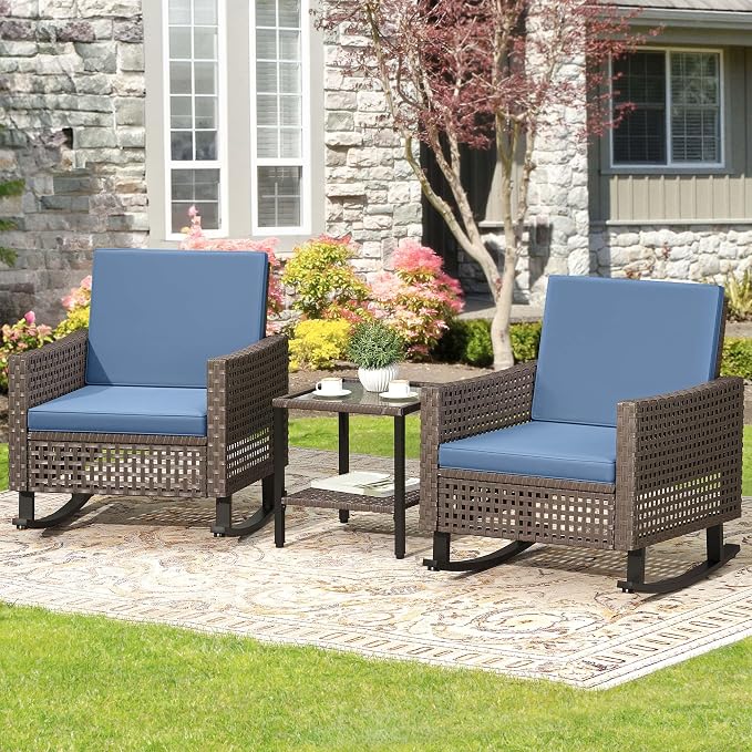 YITAHOME 3 Pieces Patio Wicker Rocking Chair Set, Outdoor Patio Furniture Set with Rattan Side Table, Thickened Cushions, Rocker Patio Chairs Set for Porch, Poolside, and Yard, Blue