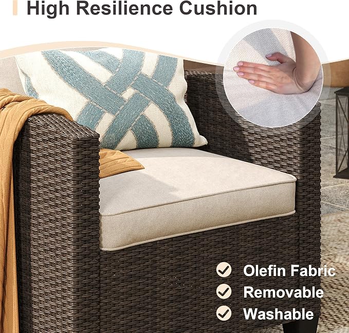VICLLAX 3 Pieces Wicker Outdoor Furniture Set, PE Rattan Patio Conversation Set with 2 Single Chairs, Metal Side Table for Deck Porch Pool, Beige Cushion