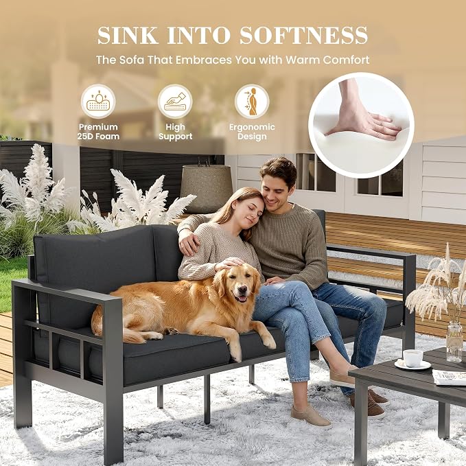 UDPATIO Aluminum Patio Furniture Set with 2 Ottomans, 6 Pieces All-Weather & UV-Resistant Outdoor Furniture for Deck, Backyard, Poolside, Dark Gray