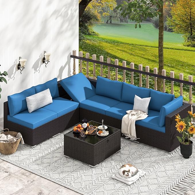 HOMREST 7 Piece Patio Furniture Set with Adjustable Bracket All-Weather Wicker Conversation Set with Coffee Table for Porch Garden Backyard (Blue)