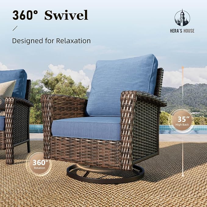 HERA'S HOUSE Patio Furniture Set, 6 Pieces Outdoor Wicker Conversation Sets, 4 x High Back Swivel Chairs with 5.5" Thick Cushions for Lawn Deck Backyard, Peacock Blue