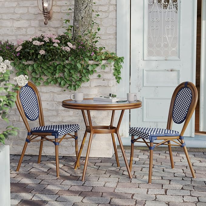 Flash Furniture Lourdes Indoor/Outdoor Commercial Bistro Table - Tempered Glass Top - PE Rattan - Natural Bamboo Print Aluminum Frame - 31.5" - Navy/White