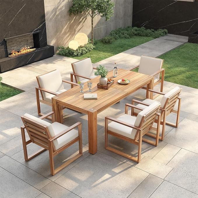 Patio Table and Chairs Set,Outdoor Dining Set for 6 with Umbrella Hole,7 Piece Outdoor Patio Furniture Set Wood Frame with Removable Cushion for Garden,Backyard,Lawn,Poolside (Beige+Light Teak#019)