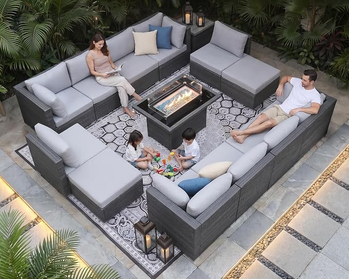 NICESOUL 15 Piece Outdoor Sectional with Fire Pit Table, Modern Luxury Patio Deep Seating w/Firepit, 29.3'' High-Back Wicker Couch Thick, Big High-Weight Capacity Sofa for Terrace, Yard, Light Gray
