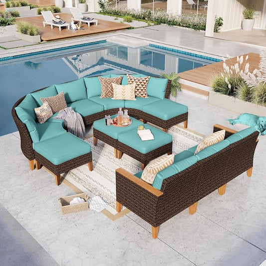 GREEN PARTY 12 Pieces Wicker Patio Furniture Set, All-Weather Outdoor Rattan Half-Moon Curved Patio Sectional Sofa Conversation Set with 4" Thick Cushions for Garden, Backyard, 2 x Ottomans (Blue)