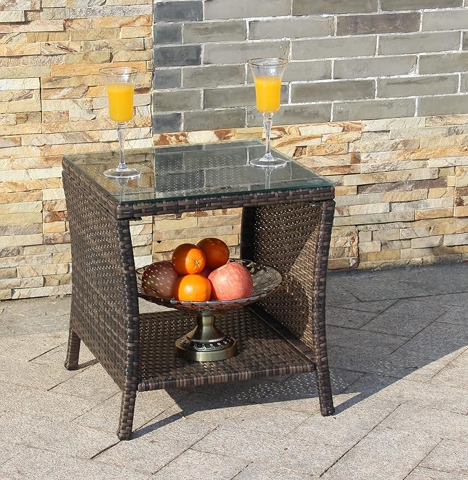 Rattan Wicker Side Table Glass Coffee Table for Outdoor Backyard Lawn Balcony Pool Square Tempered Glass Top Wicker Rattan End Table Furniture with Storage (Brown2)
