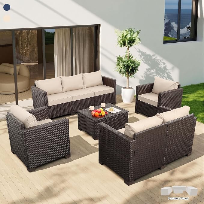 Rattaner 5-Piece Outdoor Furniture Set Patio Furniture Set Outdoor Couch Coffee Table with Storage Non-Slip Cushions and Waterproof Covers, Khaki