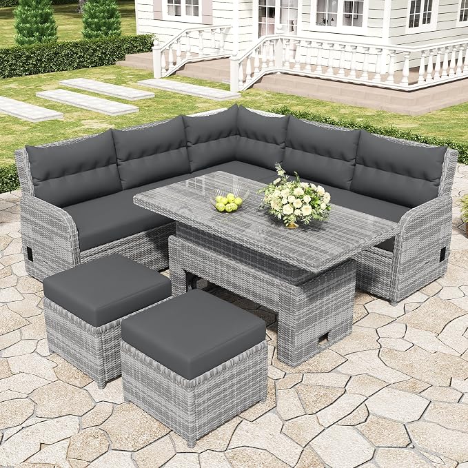 Outdoor Patio Rattan Sectional Sofa Set with Adjustable Height Table and 2 Ottomans, All-Weather Conversation Sets with Seats Side Tables and Adjustable Backrest for Garden Backyard (Grey-2.19)