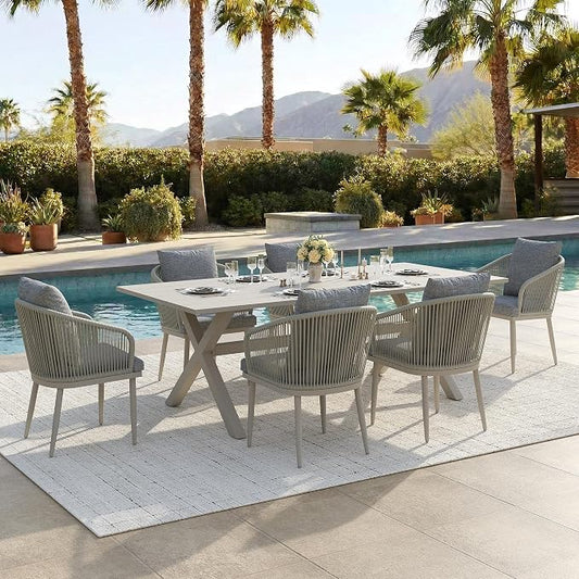 7-Piece Patio Dining Table Sets, Woven Wicker Dining Set with Rectangular Aluminum Table and Dining Chairs Modern Outdoor Dining Furniture Set for Outdoors and Indoors
