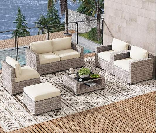 LOUVIXA 7 Piece Outdoor Patio Furniture Set, Rattan Chairs Glass Table Wicker Conversation Seating Sectional Sofa with Cushions (Grey White-Beige, 7Pcs-2 Layer Coffee Table)