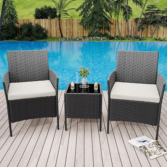 3-Piece Patio Furniture Set,Outdoor Patio Conversation Set with 2 PE Rattan Armchairs, Weather-Resistant Cushions & Tempered Glass Table,All-Weather Bistro Set for Garden, Backyard（Black/Beige）