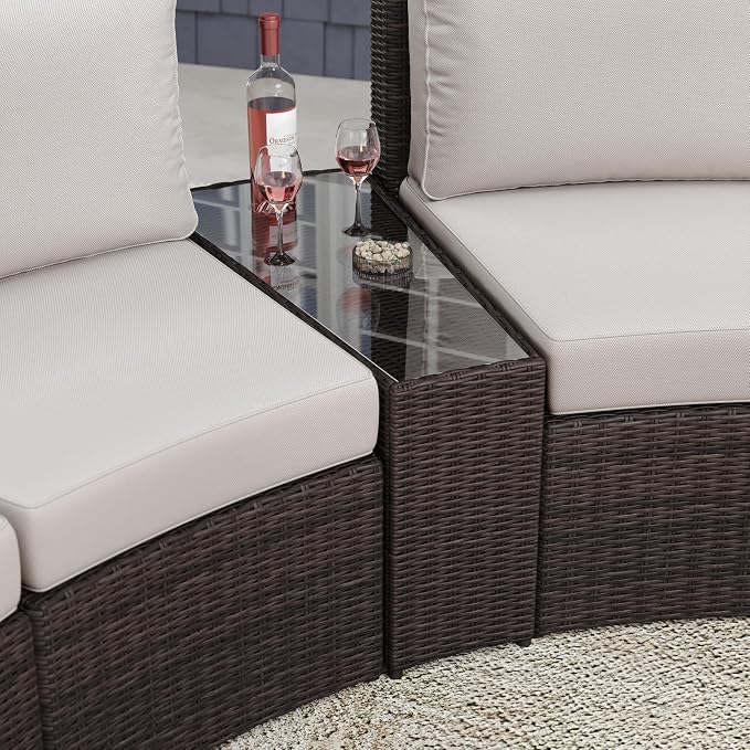 Martha Stewart Bedford Indoor-Outdoor Tapered Patio Side Table with Inset Tempered Glass Top and Rattan Wicker Finish in Brown