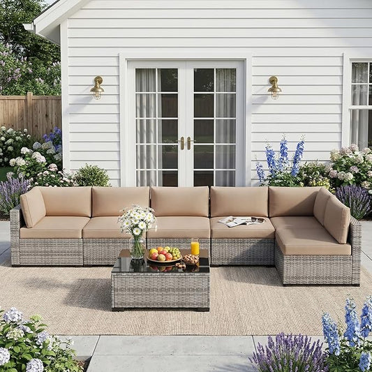 Patio Furniture Set, 7-Piece Outdoor Sectional Couch with Coffee Table & Thick Cushions, Outdoor Wicker Conversation Set for Backyard, Poolside, Garden (Grey White-Camel, 7 Piece-Single)