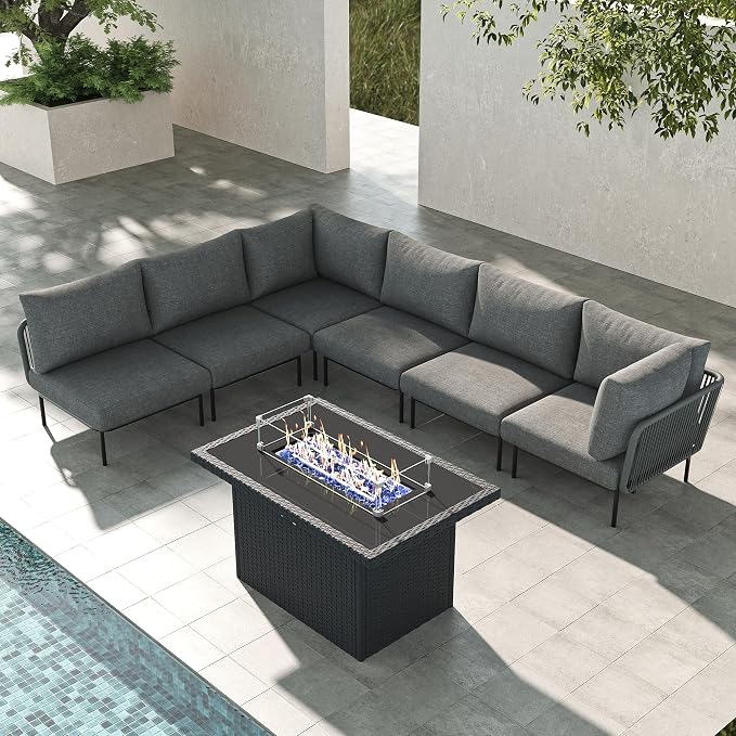 LayinSun 7 Pieces Aluminum Patio Furniture Set, Modern Modular Sectional Sofa with Fire Pit Table and Upgrade Thickness Cushion