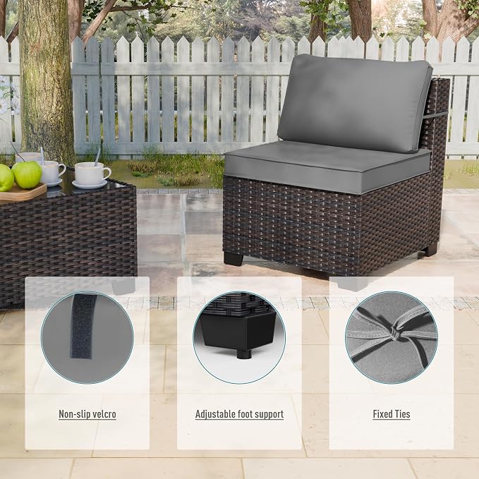 ALAULM 9 Pieces Patio Furniture Set Wicker Patio Conversation Set, Outdoor Sectional Furniture w/Coffee Table & Washable Seat Cushions-Grey