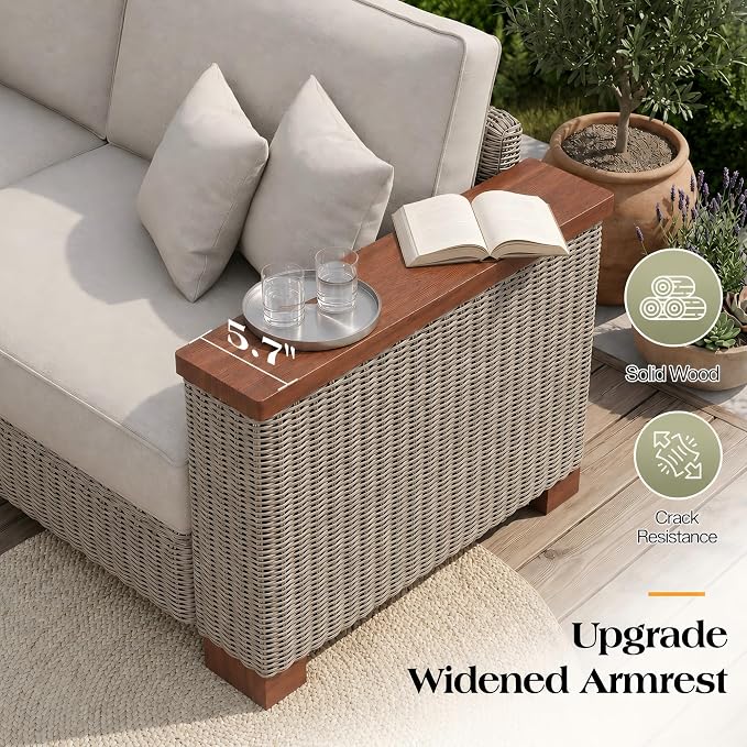 PaPaJet 4-Piece Wicker Patio Furniture Set with Solid Wood Armrest, Outdoor Patio Set with Thick Legs, UV-Resistant Modular Outdoor Sectional Sofa for Backyard, Porch, Garden