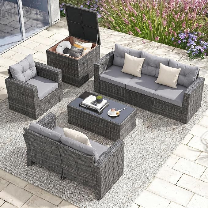 Super Patio 8 Pieces Outdoor Patio Furniture Set, Wicker Patio Conversation Sets with Storage Box, Rattan Outdoor Sectional Sofa Set with Cushions and Coffee Table for Outside Porch, Deck, Gray