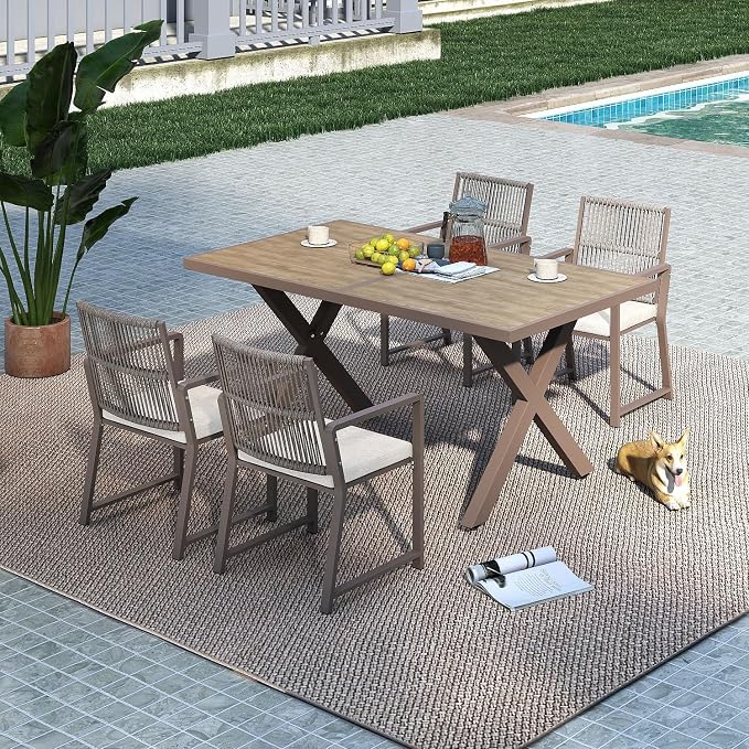 5 Pieces Outdoor Dinning Set Featuring 1 Aluminum Table and 4 Iron Alloy Ratten Chairs Waterproof and Rust-Proof Courtyard Style Table Garden Balcony Poolside, Light Brown 5 Pcs