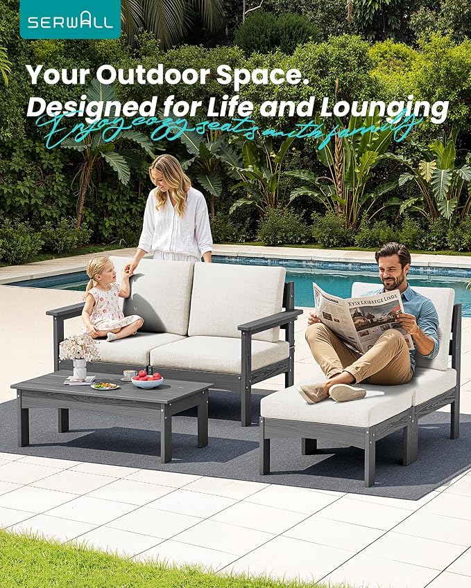 SERWALL 5-Piece Patio Sofas, All-Weather HDPE Outdoor Sectional Sofa with Cushions and Coffee Table, Large Modular Patio Conversation Set for Garden, Lawn, Deck, Porch, Grey Frame with Khaki Cushion