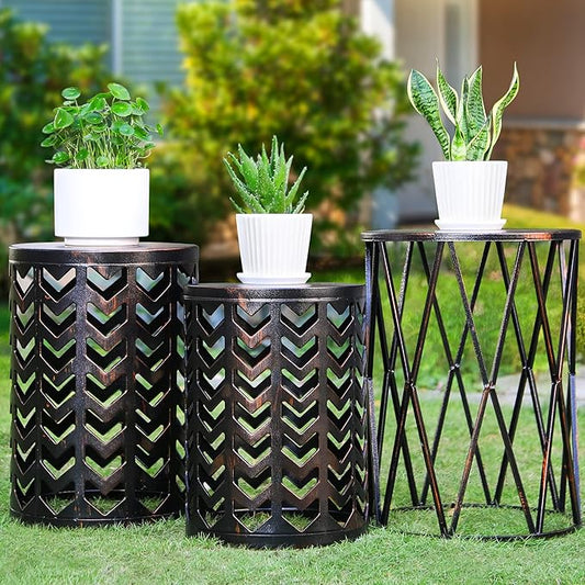 Y&M Outdoor Side Tables Set of 3, Nesting Metal End Coffee Tables, Indoor Round Accent Metal Tables for Patio, Porch, Balcony, Garden, Sunroom, and Living Room, Black with Bronze
