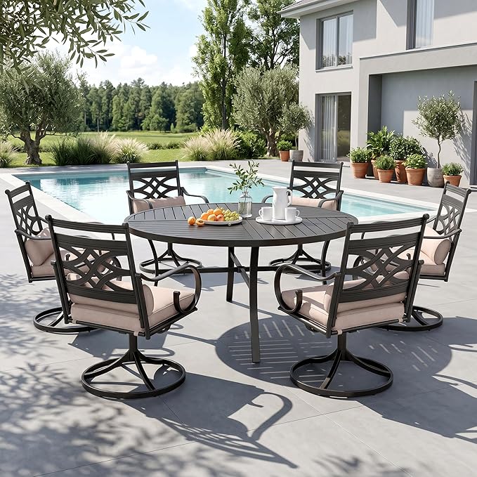 Sophia & William Patio Dining Set, Steel, Black | Umbrella Hole, Swivel Chairs, E-Coated, Cushions Included, For Patio, Garden and Yard