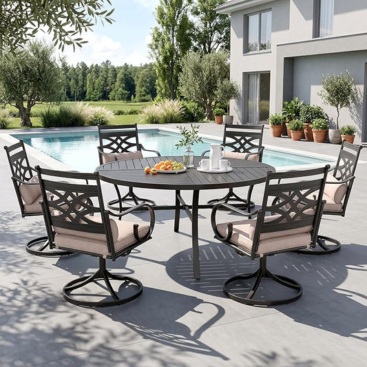 Sophia & William Patio Dining Set, Steel, Black | Umbrella Hole, Swivel Chairs, E-Coated, Cushions Included, For Patio, Garden and Yard