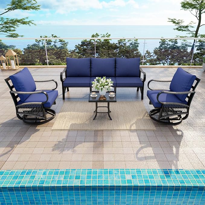 4 Pieces Outdoor Furniture Set, Patio Conversation Set with Swivel Rocking Chairs Sets and 3-Seater Couch Sofa for Deck, Porch, Garden, Backyard, Poolside (Blue Cushions)