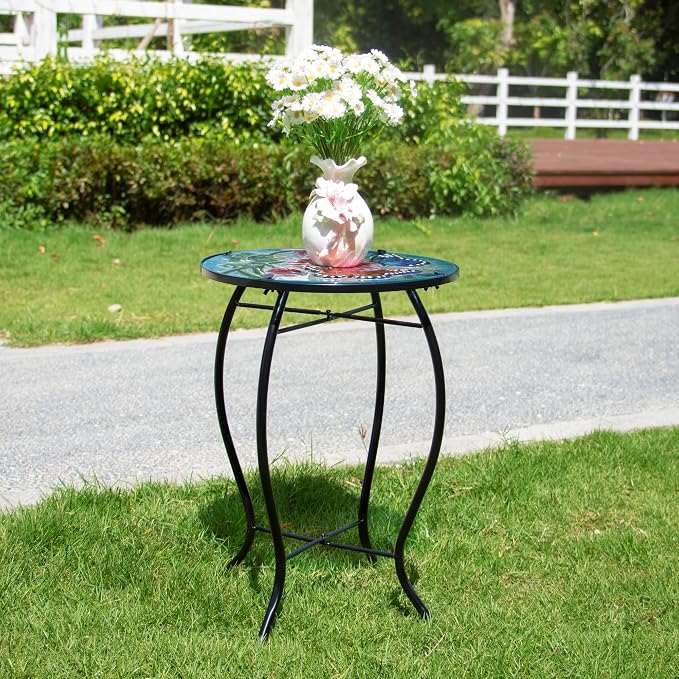 12 Inch Round Butterfly Glass Side Table, Patio Small Table, Outdoor Side Table, Outdoor Bar Table, Metal Glass End Table for Porch Garden Patio Pool Living Room