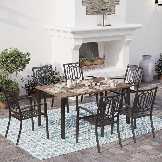 SUNSHINE VALLEY 7 Piece Patio Dining Set for 6, 60x36 Wood-Like Metal Table with Umbrella Hole and 6 Pcs Rust-Proof Stackable Chairs, Outdoor Table and Chairs Set for Backyard Garden Deck (Style 3)