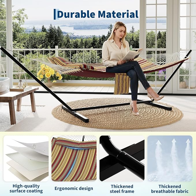 12FT Hammock with Stand for Outside,Heavy Duty Hammock Stand and Cotton Polyester Fabric,450lbs Capacity,Carrying Bag,2 Person Hammocks for Patio,Garden,Backyard,Camping, or Beach,red and Yellow