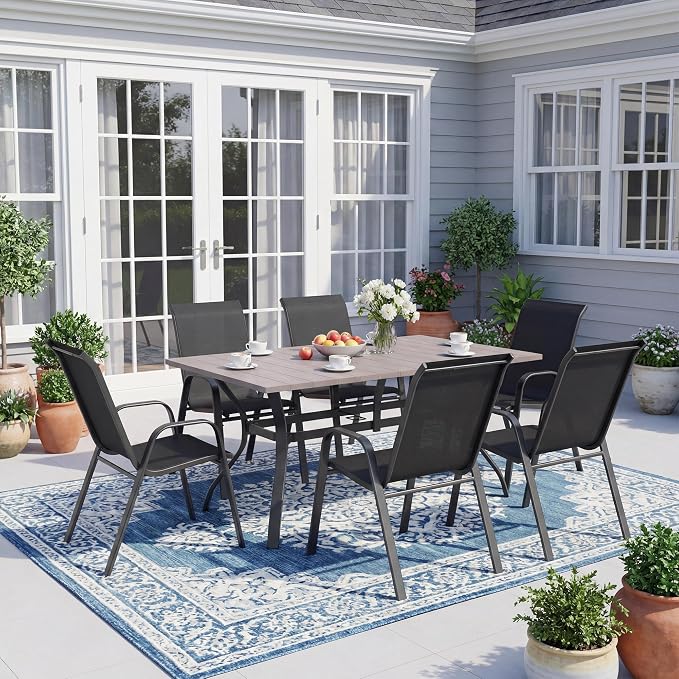7-Piece Outdoor Dining Set - Rectangular Patio Table with Umbrella Hole and 6 Stackable Dining Chairs All-Weather for Garden, Deck, and Poolside (Natural, 63"L x 38"W x 28"H Rectangle Dining Table)