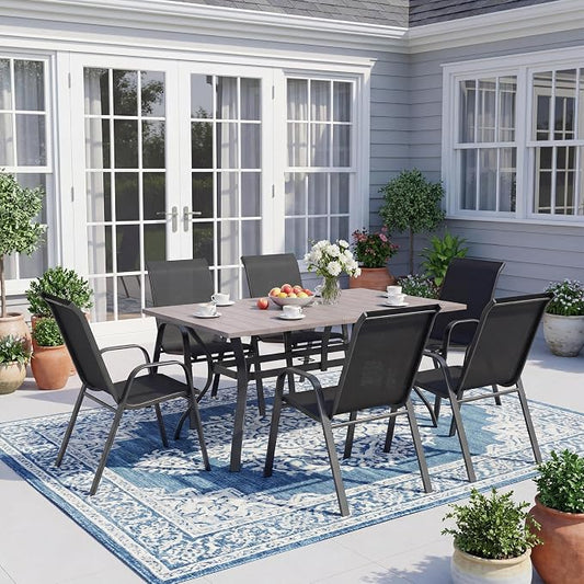 7-Piece Outdoor Dining Set - Rectangular Patio Table with Umbrella Hole and 6 Stackable Dining Chairs All-Weather for Garden, Deck, and Poolside (Natural, 63"L x 38"W x 28"H Rectangle Dining Table)