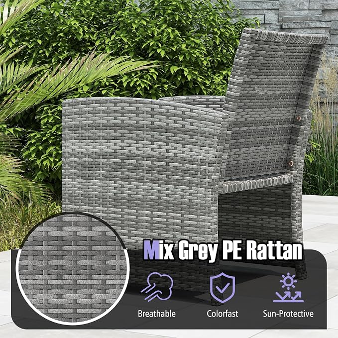 Tangkula 3 Pieces Patio Furniture Set, PE Rattan Outdoor Chairs with Tempered Glass Coffee Table & Soft Seat Cushions, Patio Bistro Set, Outdoor Conversation Set for Porch, Backyard Poolside (Grey)
