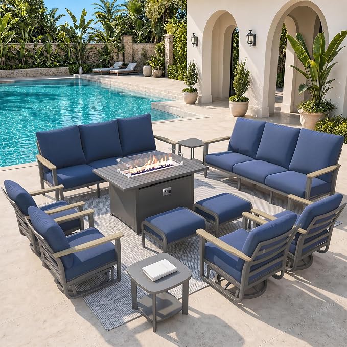 Aluminum Outdoor Patio Furniture Set, 11-Piece Sectional Sofa with 5.1" Thick Cushions, Swivel Rocking Chairs, 55,000 BTU Fire Pit Table, Outdoor Couch for Backyard, Deck, Navy Blue