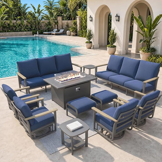 Aluminum Outdoor Patio Furniture Set, 11-Piece Sectional Sofa with 5.1" Thick Cushions, Swivel Rocking Chairs, 55,000 BTU Fire Pit Table, Outdoor Couch for Backyard, Deck, Navy Blue