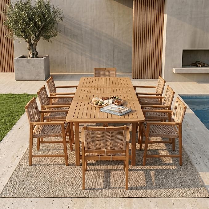 NTC Flexa Extendable Outdoor Dining Table, 63"–94.5" Solid Wood Patio Table for Patio Dining Sets with 8 Luno Chairs Weather Resistant, Easy Assembly, Natural